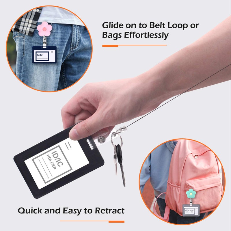 Finex 4 pcs Set Colorful Flowers Badge ID Clip Reel Retractable Holder Office Work Nurse Name Badge Tag Clip On Card Holders Cute - 30 inch Cord Extension - Image 4